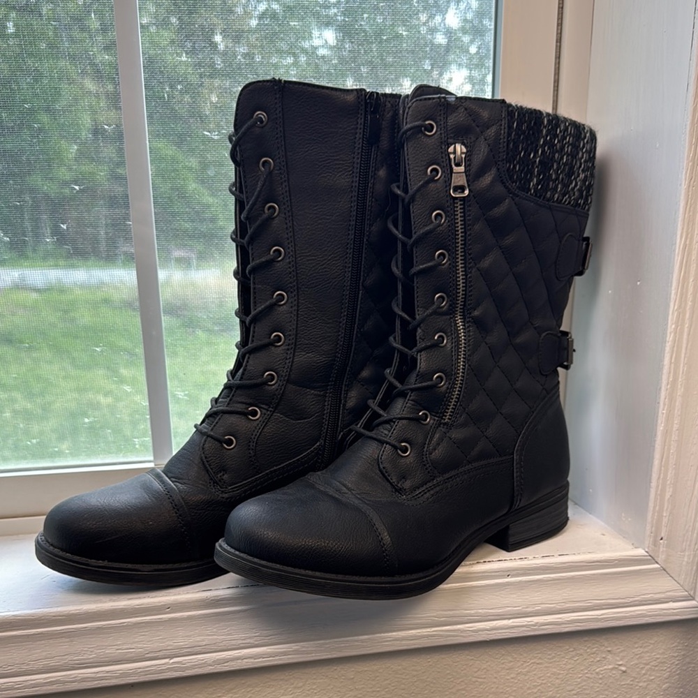 Black Combat Moto Boots with Knitted Cuff